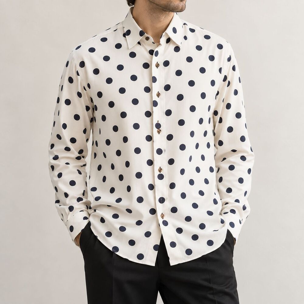 Mens Large Ivory Black Polka Dot Silky Long Sleeve Button Up Dress Shirt Retro
